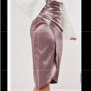 Purple satin ruched midi skirt